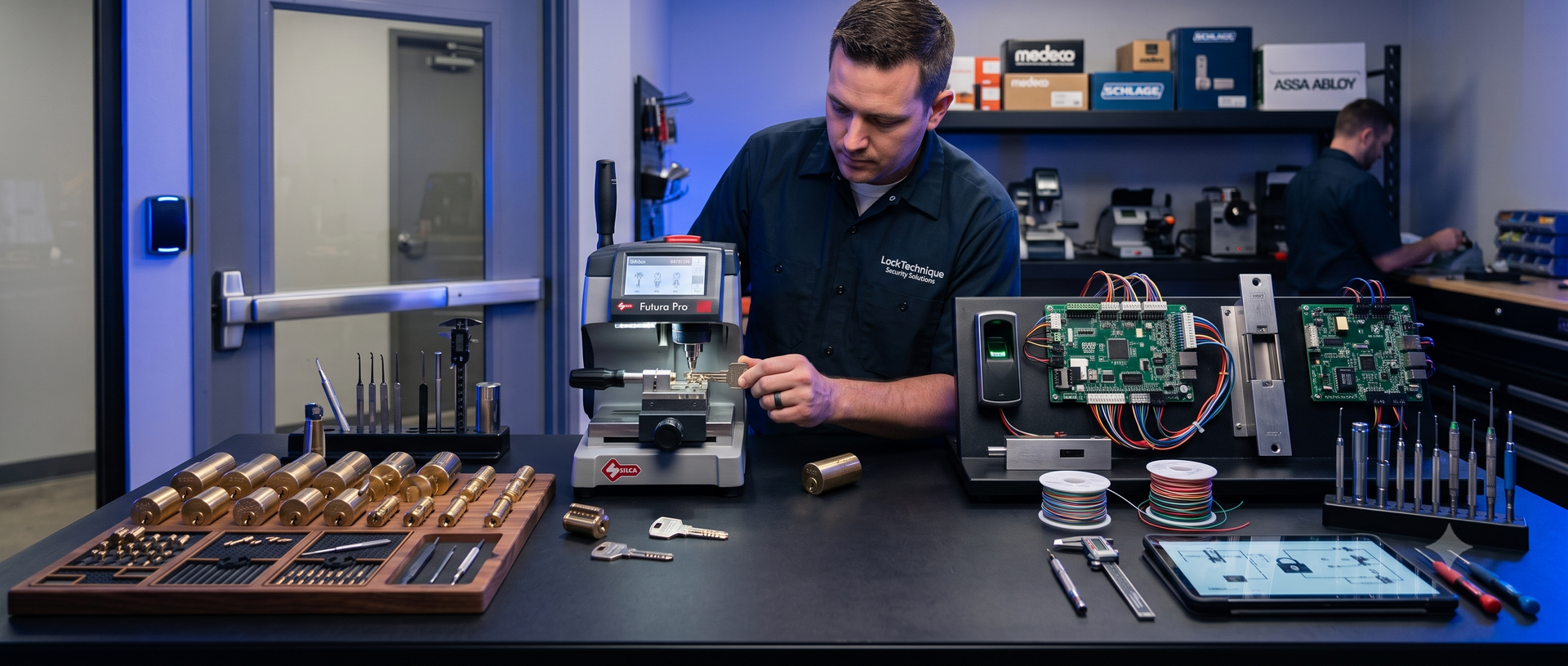 Technician working on electronics in a workshop, with circuit boards and tools spread across a workbench.