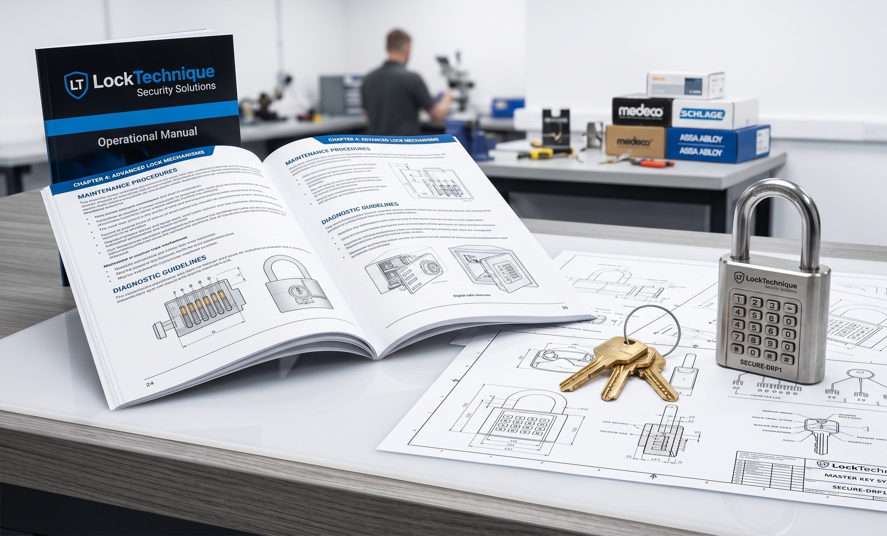 Open lock and keys on a desk with security documents and a padlock in an office setting