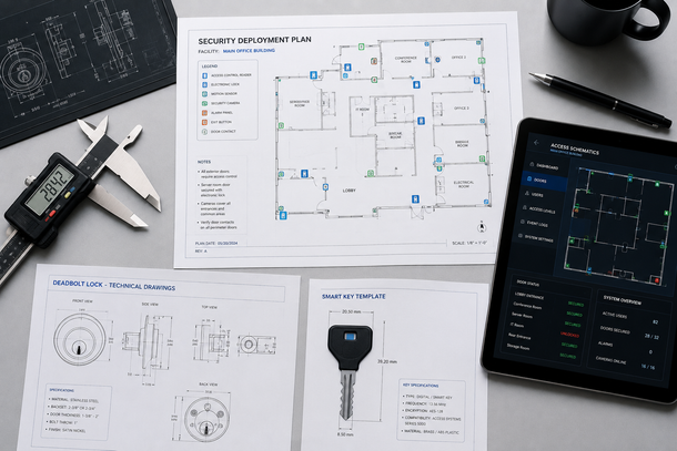 Work desk with architectural floor plan, tablet showing a blueprint, measuring calipers, and sketches