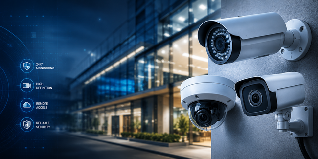 Security cameras overlooking a modern glass office building at night with blue digital HUD icons