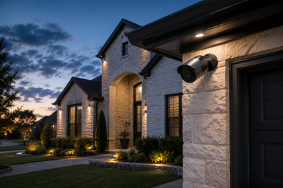Modern stone house at dusk with warm exterior lights and landscaped walkway