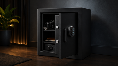 Black safe open in a dark room, showing shelves and a combination lock on the door