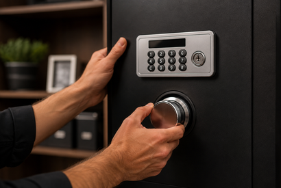 Hands opening a black safe with a digital keypad and silver dial in an office-like room