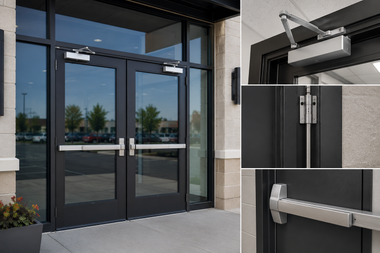 Black glass double doors with close-up views of metal door closers and handles above and beside them