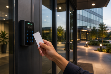 Hand using a white access card to unlock a building entrance keypad at dusk