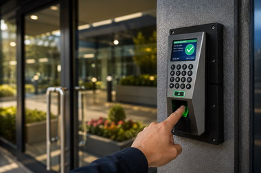 Hand pressing a keypad on an outdoor access control reader beside a glass building