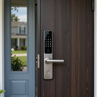 Modern front door with a sleek keypad deadbolt and silver handle, partly open to a bright suburban exterior