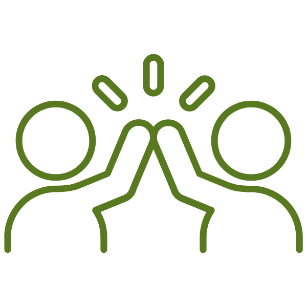 Two green outlined people high-fiving, with three rays above their hands.