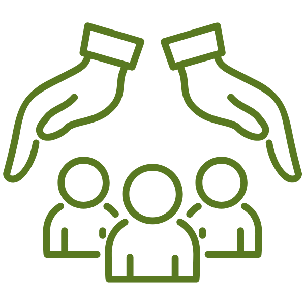Hands protecting a group of people, shown as green line icons