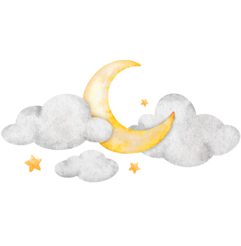 Yellow crescent moon with gray clouds and small stars on a white background