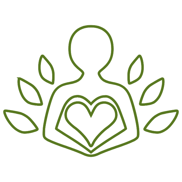 Green outline icon of a person holding a heart, surrounded by leaves