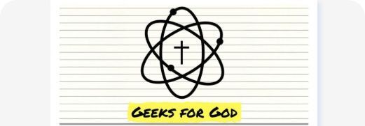 Black atom-like symbol with a cross at center above yellow text reading Geeks for God