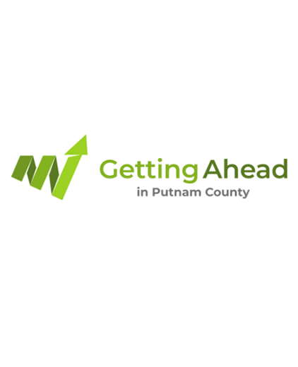 Green logo with upward arrow and text “Getting Ahead in Putnam County”