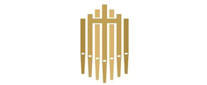 Gold vertical emblem with stylized pillars on a white background