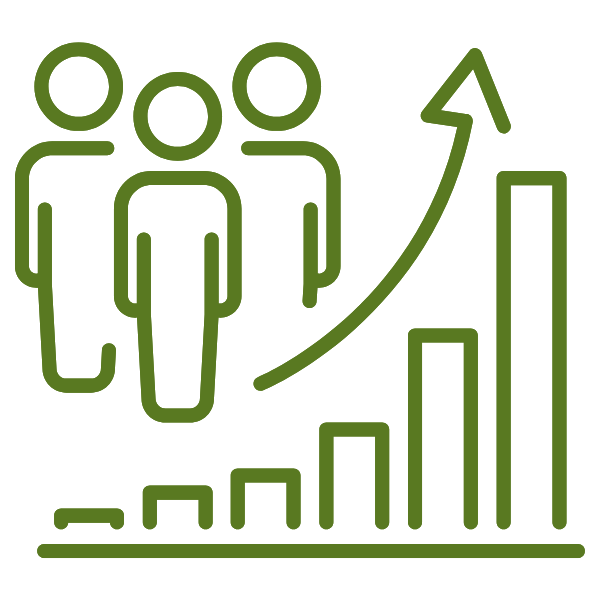 Green outline icon of three people beside an upward bar chart and arrow