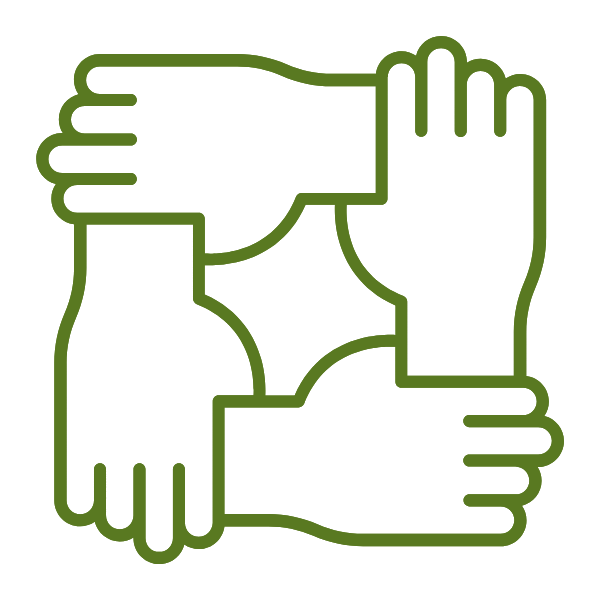 Interlocking green hands forming a square around a white center, symbolizing teamwork and unity