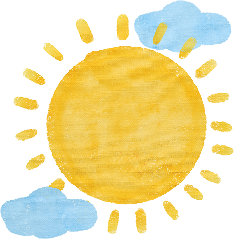Yellow sun with rays and two blue clouds on a white background