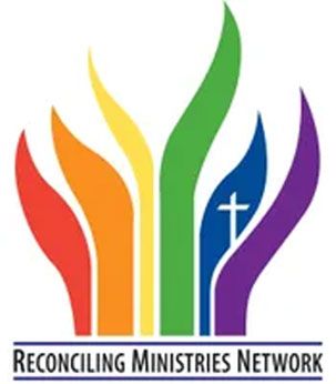 Logo of Reconciling Ministries Network with colorful flame shapes and a white cross