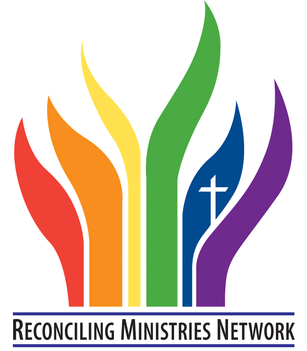 Logo with multicolored flame shapes and a cross, labeled “Reconciling Ministries Network”