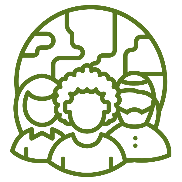Stylized green outline of three people in front of a globe, suggesting a diverse group or community.