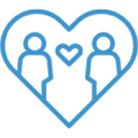 Two blue outline people inside a heart with a small heart in the center