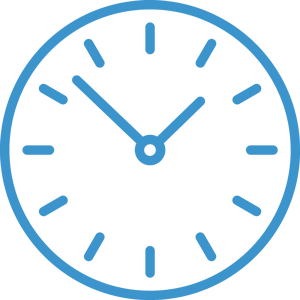 Blue outlined analog clock icon with two hands on a white background