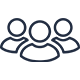 Three outlined people icons in dark blue, grouped together on a white background