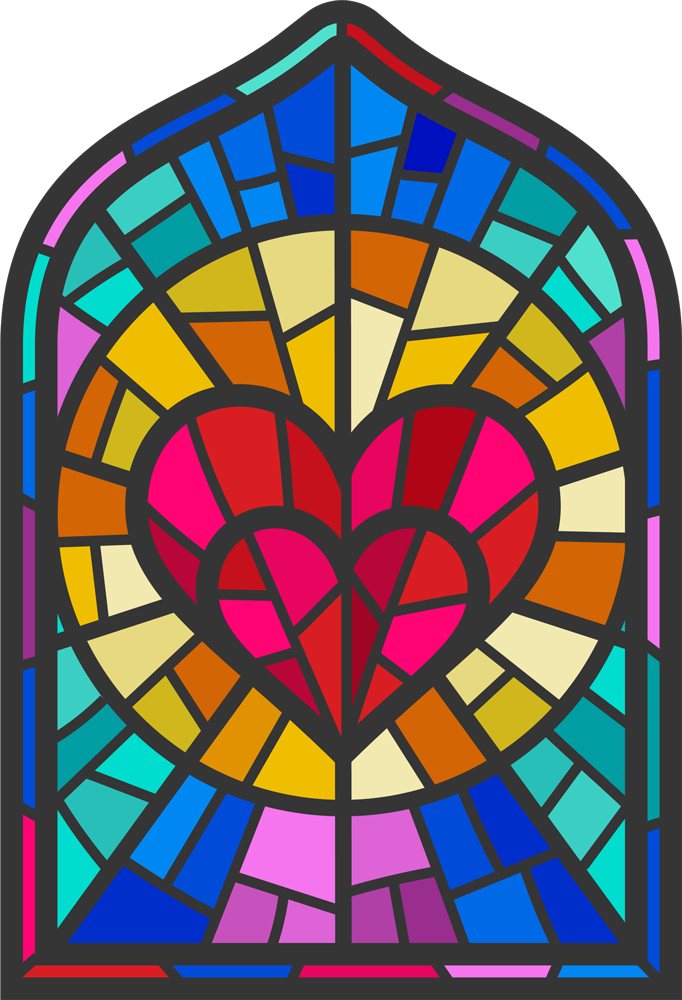 Stained-glass style heart in red, pink, yellow, and blue within an arched window design