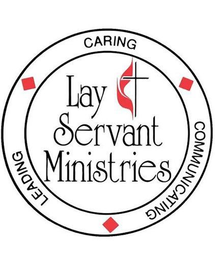 Lay Servant Ministries logo in black and red circular design with “Caring, Leading, Communicating” text