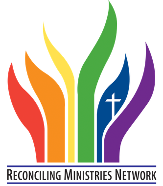 Logo of Reconciling Ministries Network with colorful flame shapes and a white cross