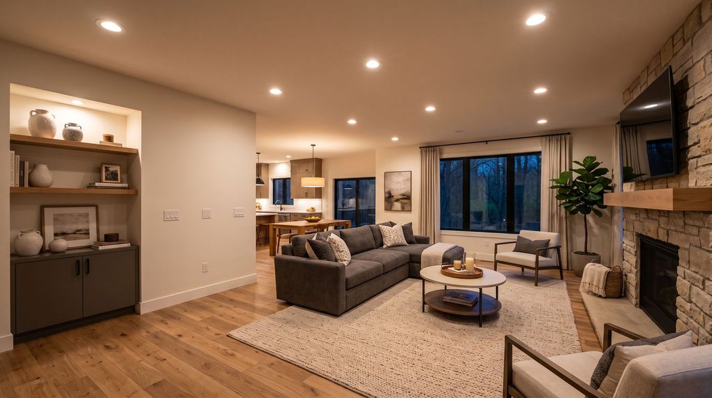 Modern living room with gray sectional, fireplace, coffee table, and warm recessed lighting