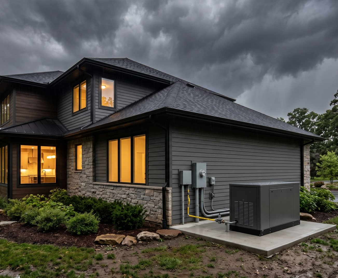Modern gray house with warm lit windows under dark storm clouds, featuring a front yard and HVAC unit