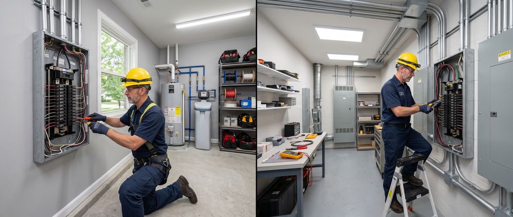 Technician in hard hat wiring an electrical control panel in a bright industrial room.