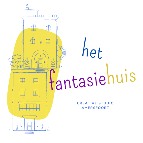 Logo voor Het Fantasiehuis met een lijntekening van een gebouw, een gele vlek en de tekst
