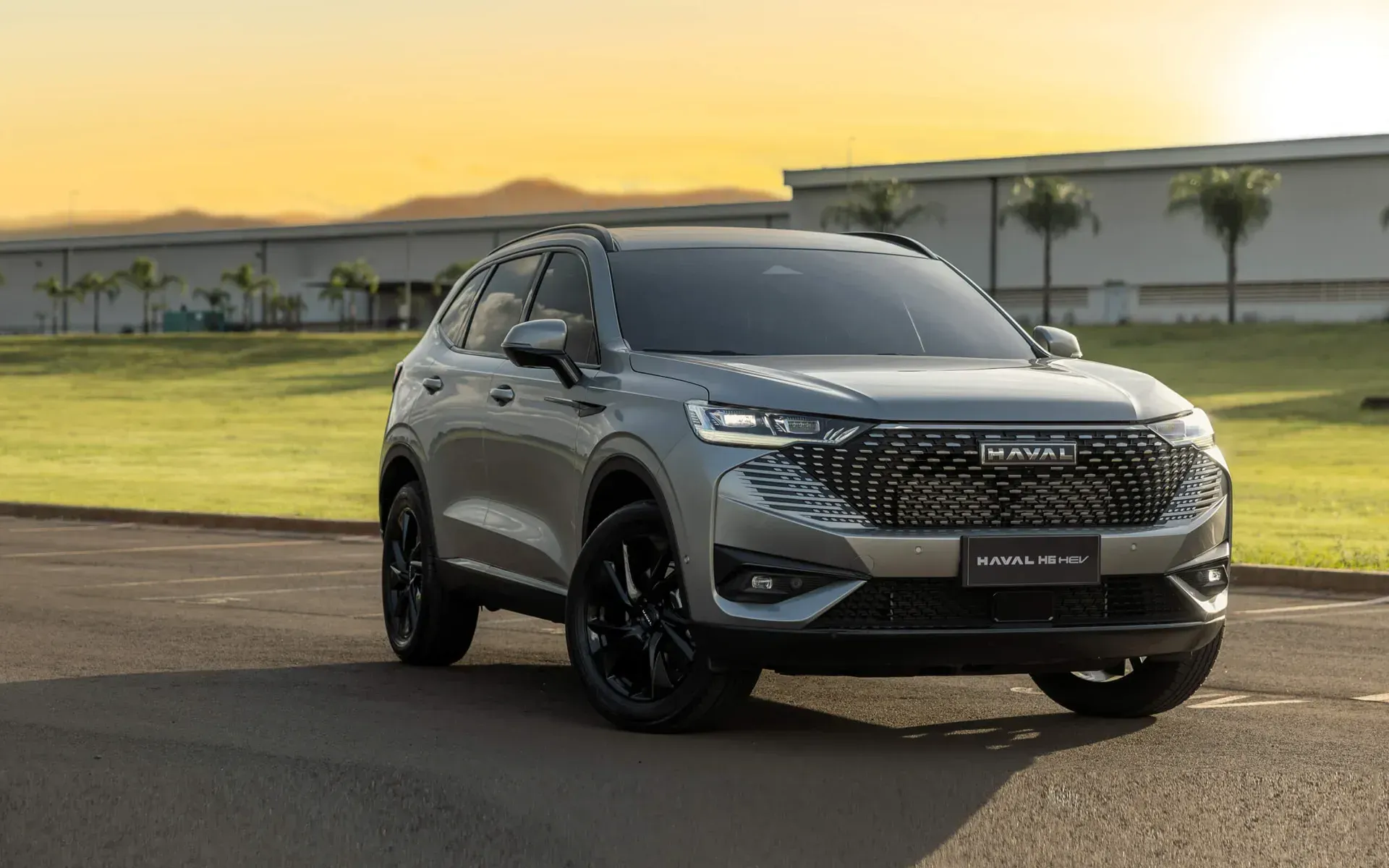 Un SUV gris circula por una carretera al atardecer, con un campo de hierba y palmeras al fondo.