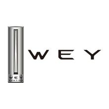 Logotipo de WEY junto a un tubo de producto vertical plateado sobre un fondo blanco.