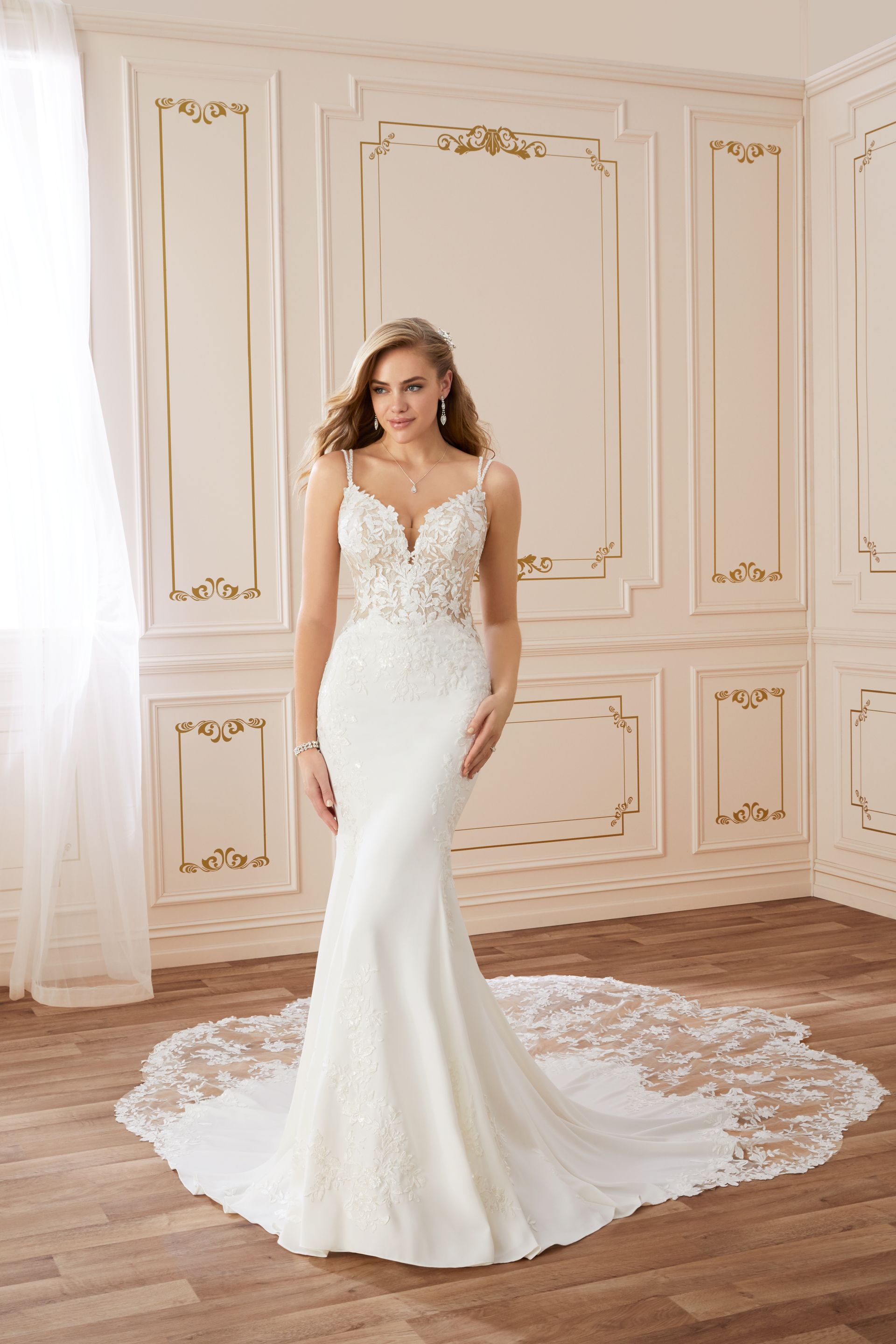 Floral Crepe Wedding Dress with Lace Train | Celestina