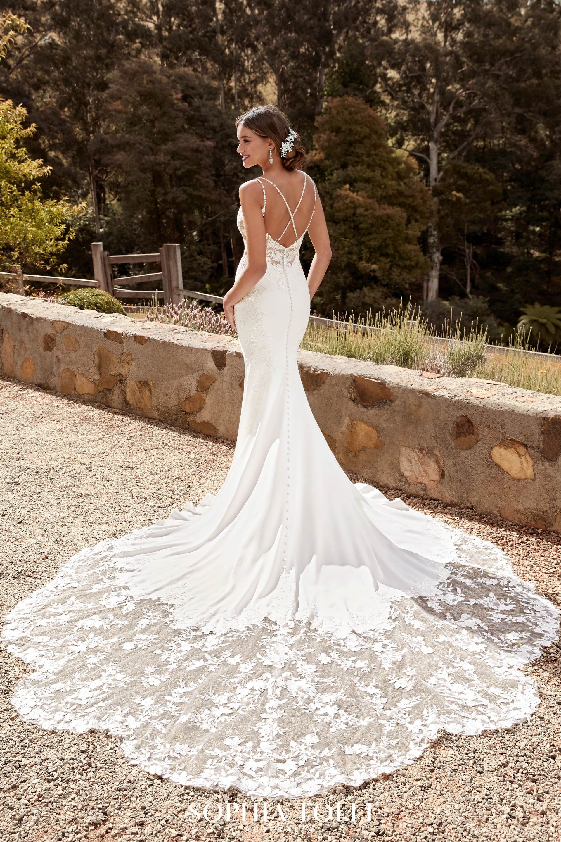 Floral Crepe Wedding Dress with Lace Train | Celestina