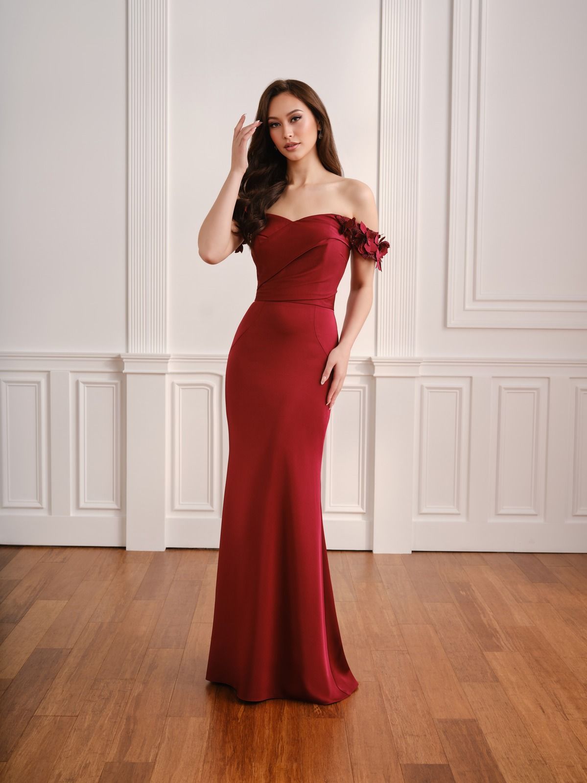 Fifi's Private Collection – Style UM101: Off-the-Shoulder 3D Floral Satin Trumpet Gown
