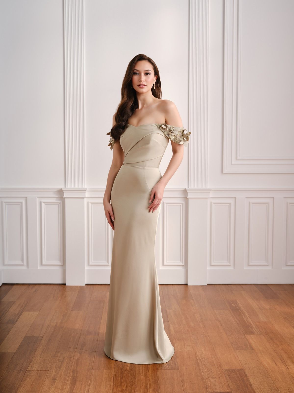 Fifi's Private Collection – Style UM101: Off-the-Shoulder 3D Floral Satin Trumpet Gown
