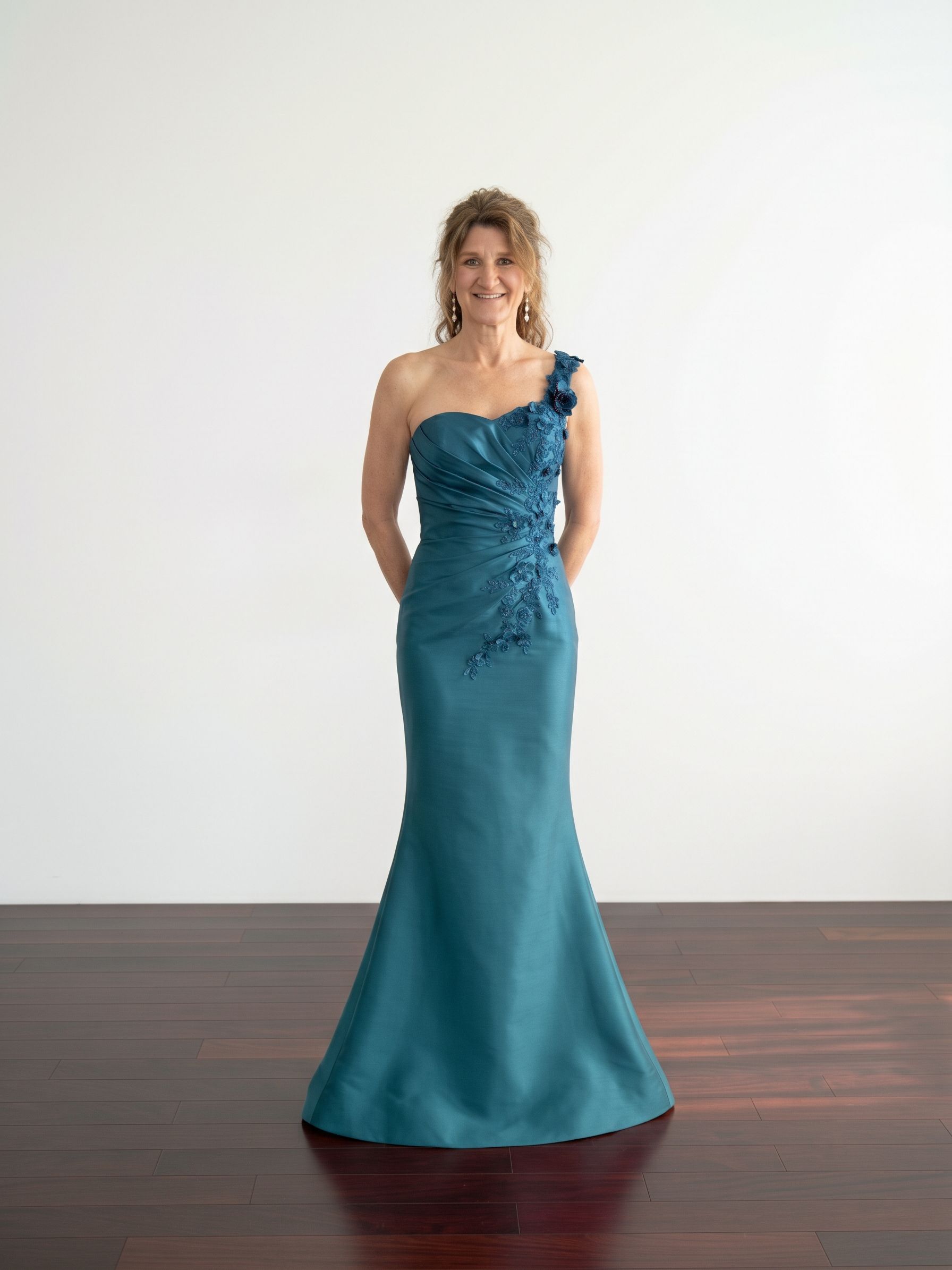 Fifi's Private Collection – Style UM102: Asymmetrical One-Shoulder 3D Floral Appliqué Gown