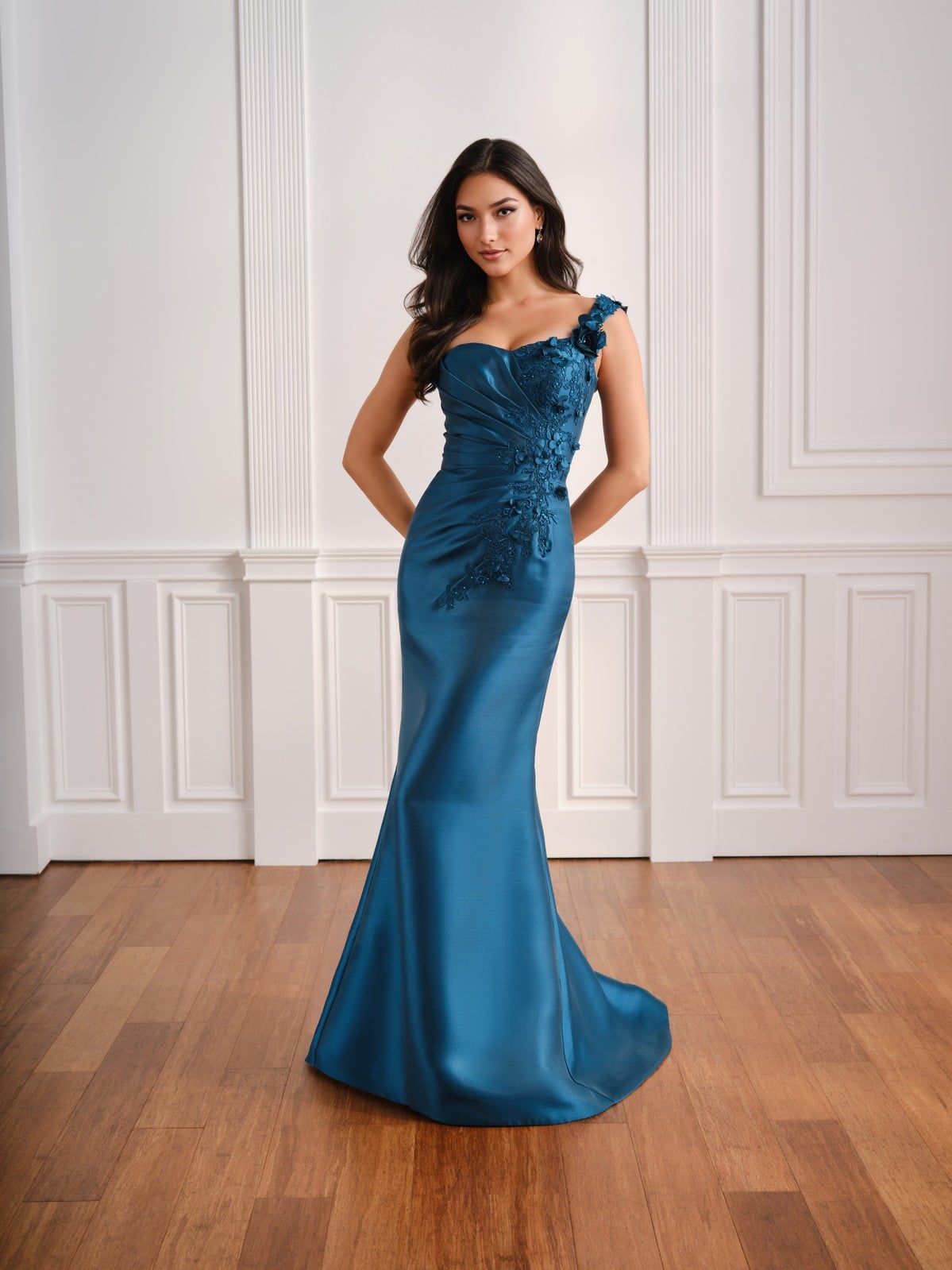 Woman in a teal satin gown standing in a white-paneled room with hardwood floors