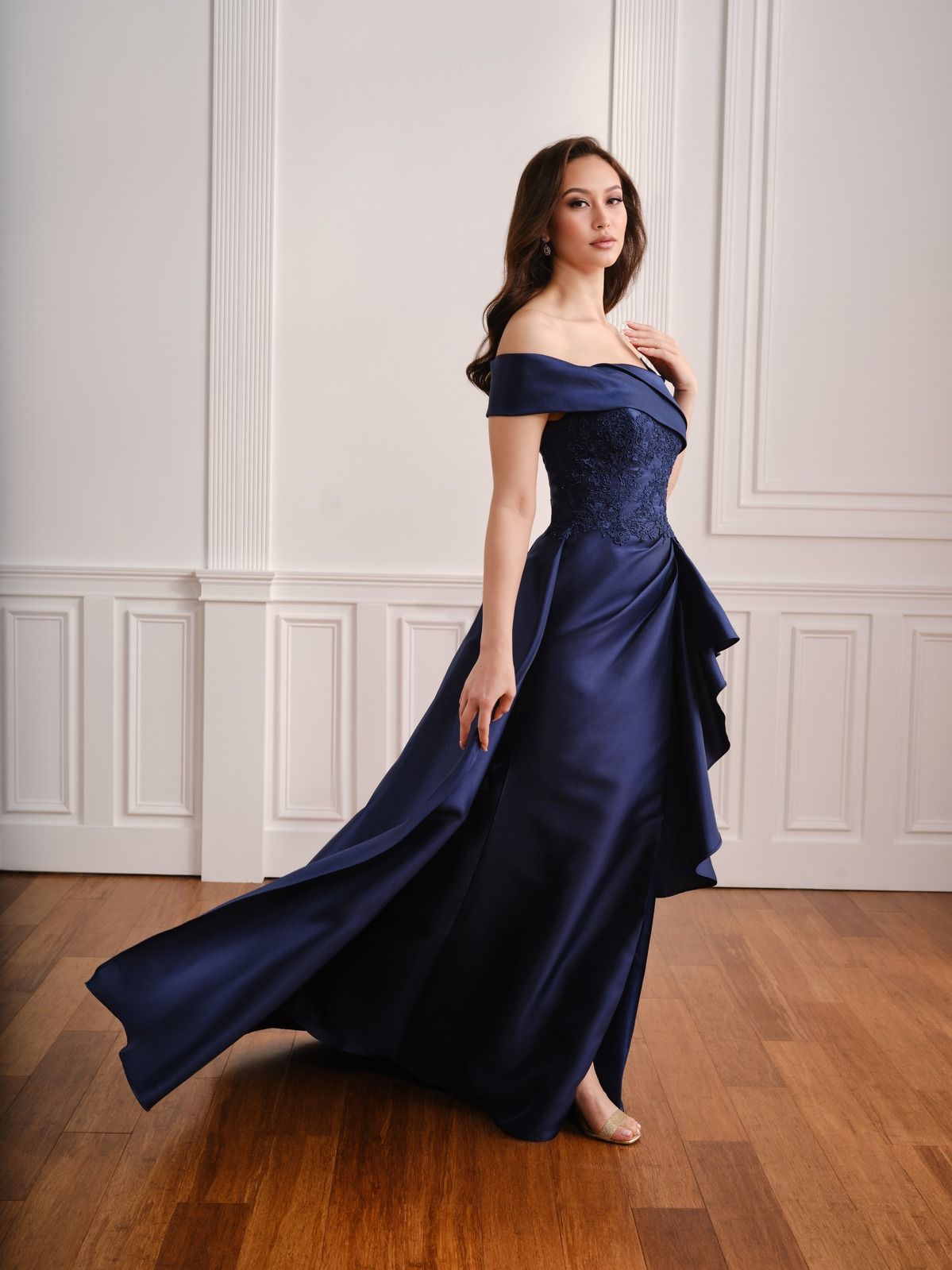 Fifi's Private Collection – Style UM103: Off-the-Shoulder Embroidered Lace Ruffle-Cascade Gown