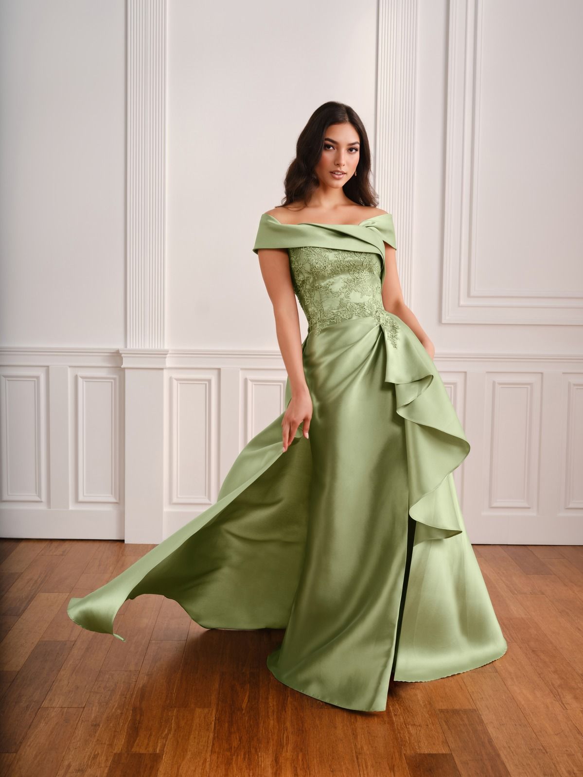 Fifi's Private Collection – Style UM103: Off-the-Shoulder Embroidered Lace Ruffle-Cascade Gown