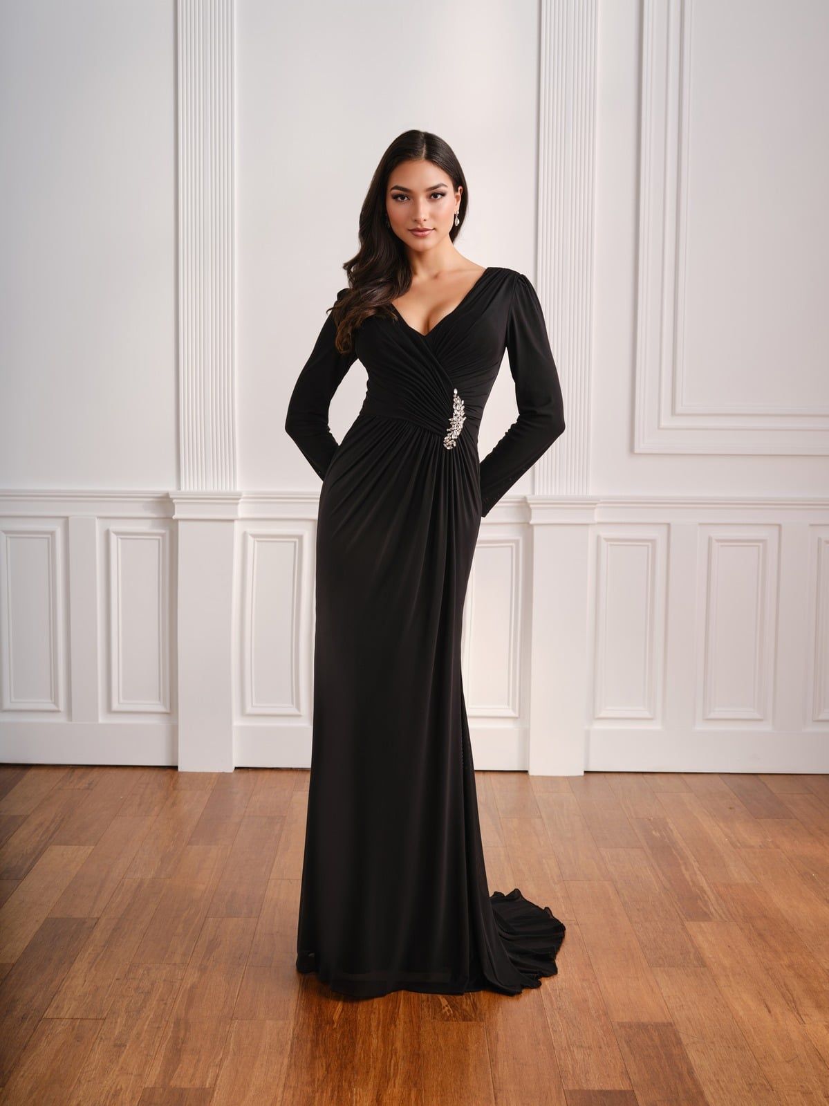 Fifi's Private Collection – Style UM105: Long-Sleeve Crystal Brooch Ruched Jersey Gown