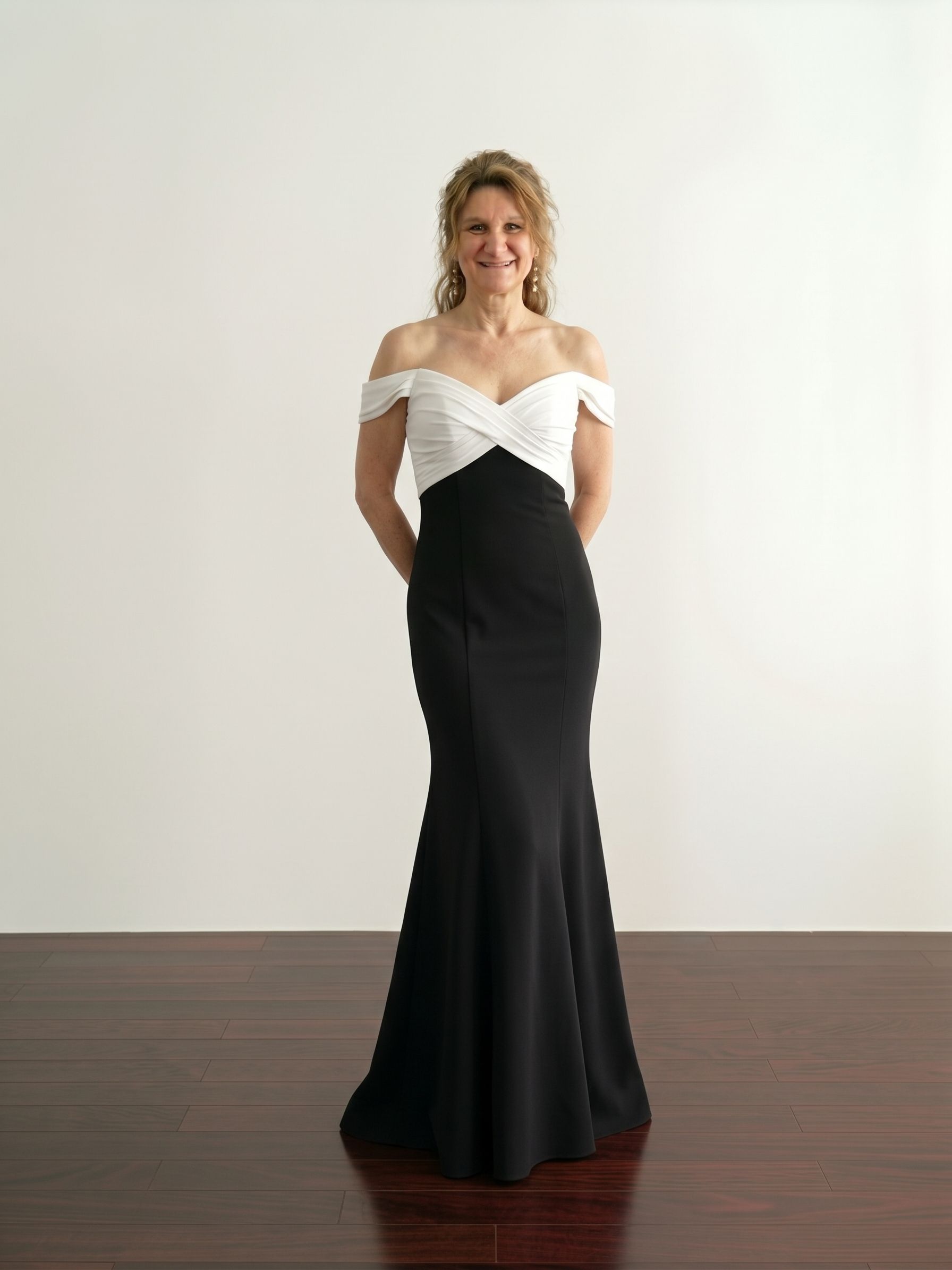 Fifi's Private Collection – Style UM108:  Off-the-Shoulder Crisscross Chiffon & Crepe Trumpet Evening Gown