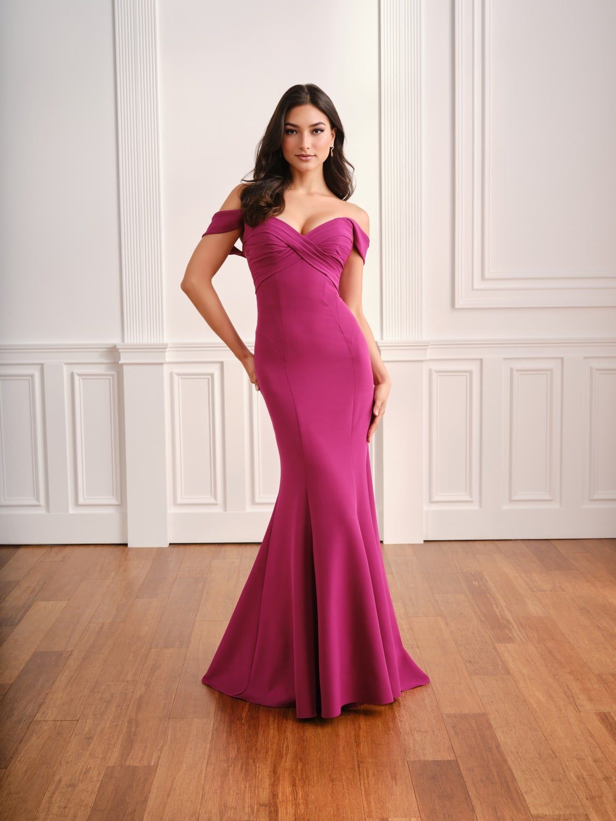 Fifi's Private Collection – Style UM108:  Off-the-Shoulder Crisscross Chiffon & Crepe Trumpet Evening Gown