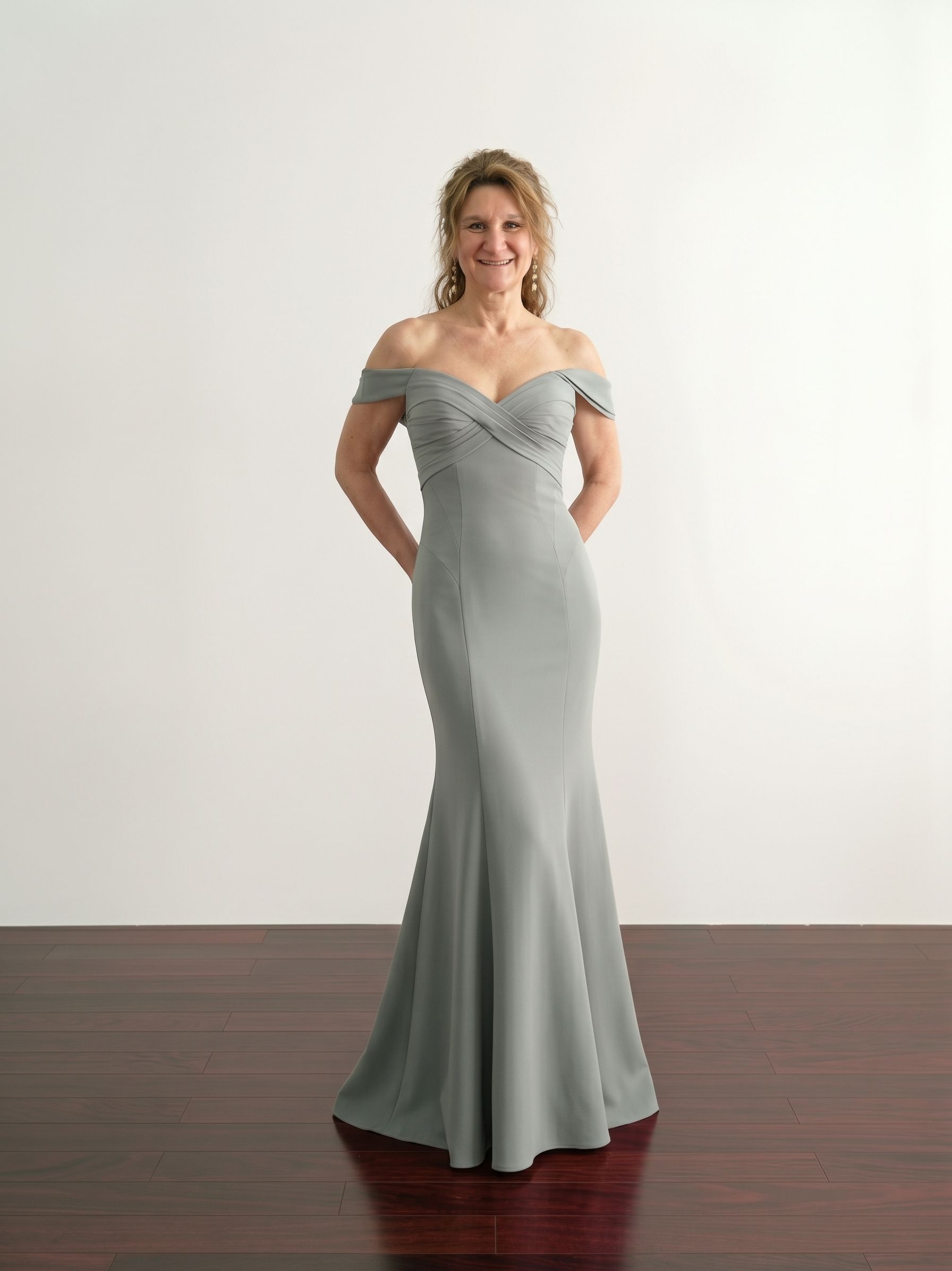 Fifi's Private Collection – Style UM108:  Off-the-Shoulder Crisscross Chiffon & Crepe Trumpet Evening Gown