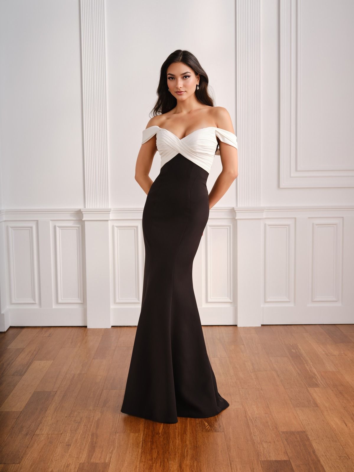 Fifi's Private Collection – Style UM108:  Off-the-Shoulder Crisscross Chiffon & Crepe Trumpet Evening Gown