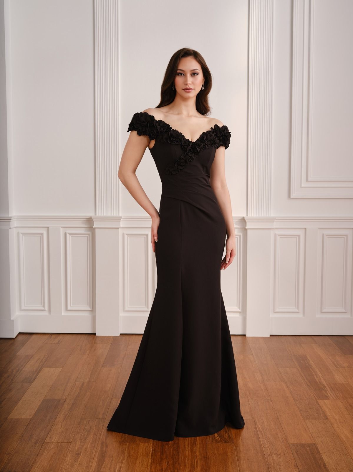Fifi's Private Collection – Style UM109: Off-the-Shoulder 3D Rosette Crepe Gown